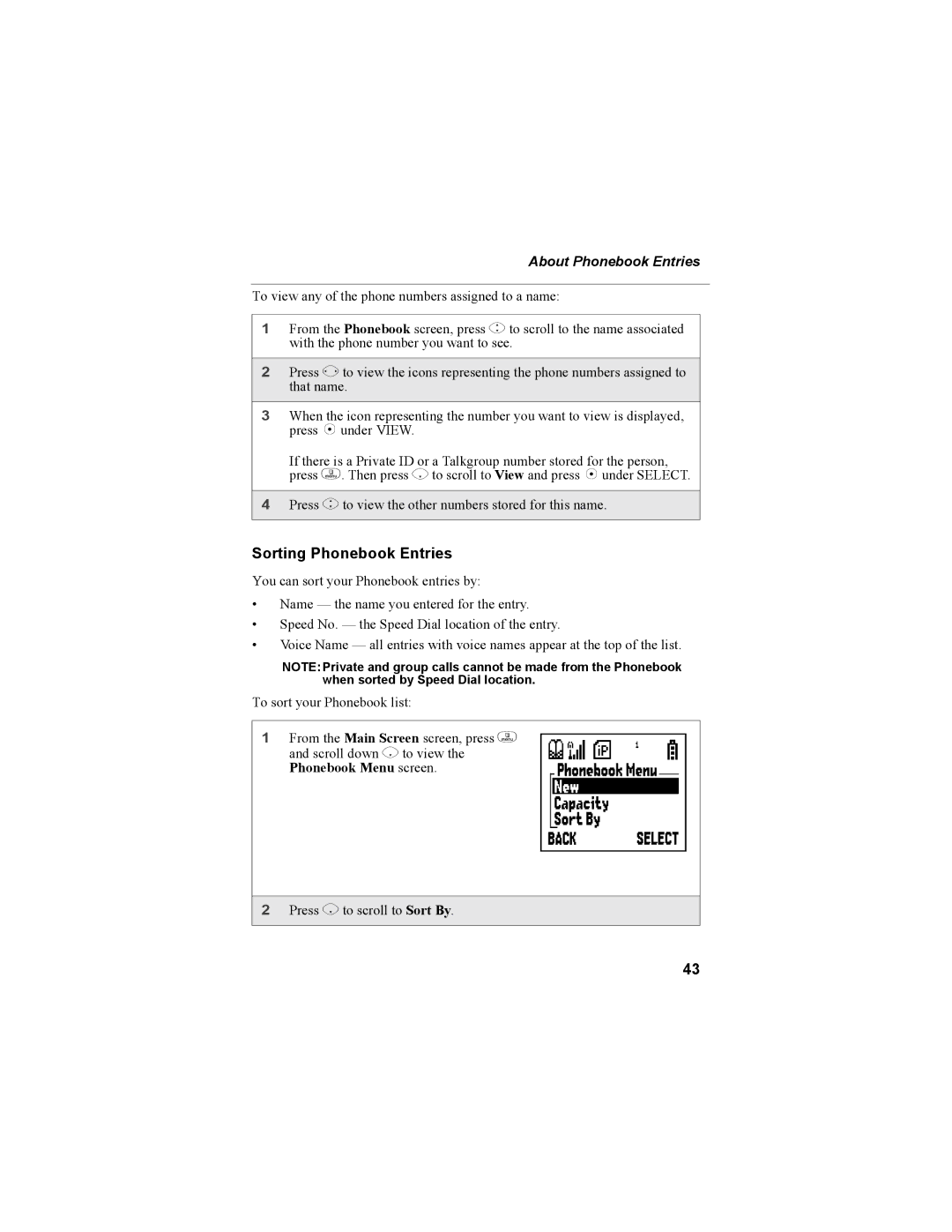 Motorola i335 manual Sorting Phonebook Entries, About Phonebook Entries, Phonebook Menu screen 