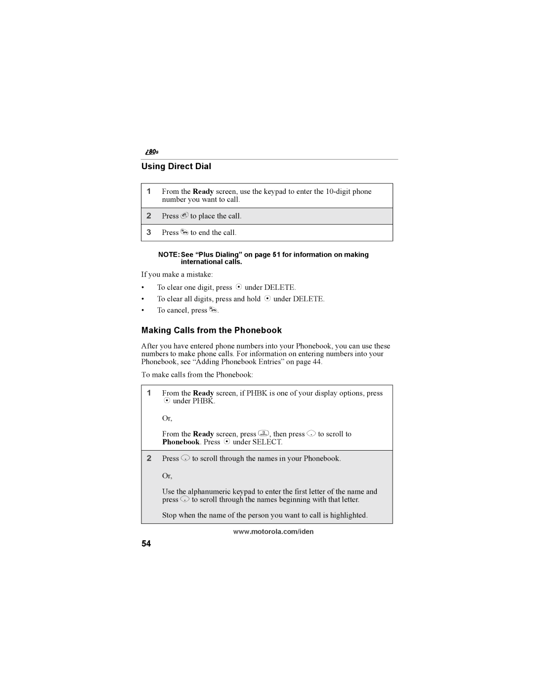 Motorola i335 manual Using Direct Dial, Making Calls from the Phonebook 