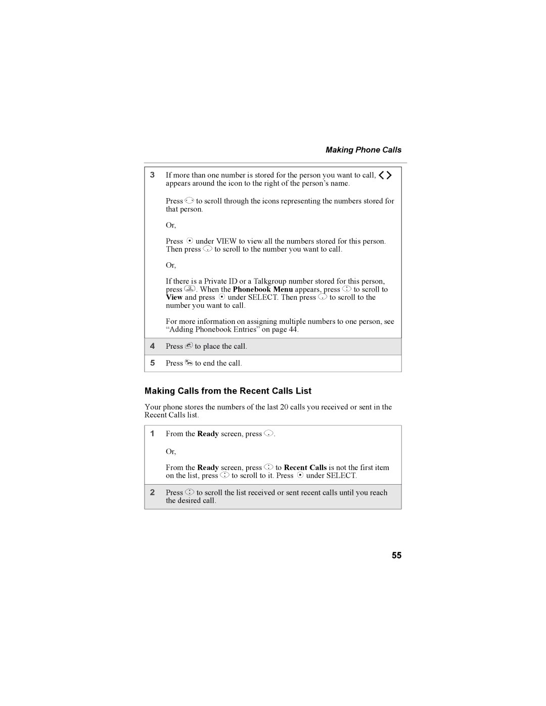 Motorola i335 manual Making Calls from the Recent Calls List, Making Phone Calls 