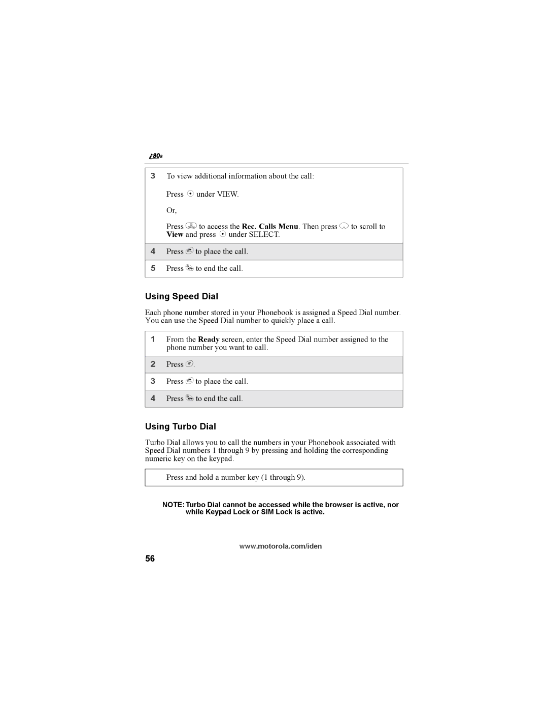 Motorola i335 manual Using Speed Dial, Using Turbo Dial 