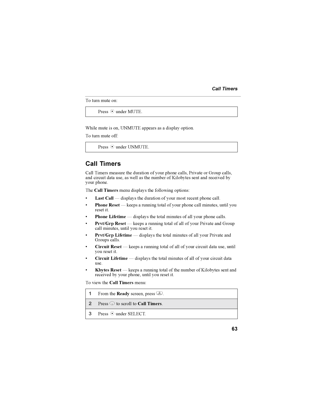 Motorola i335 manual Call Timers 