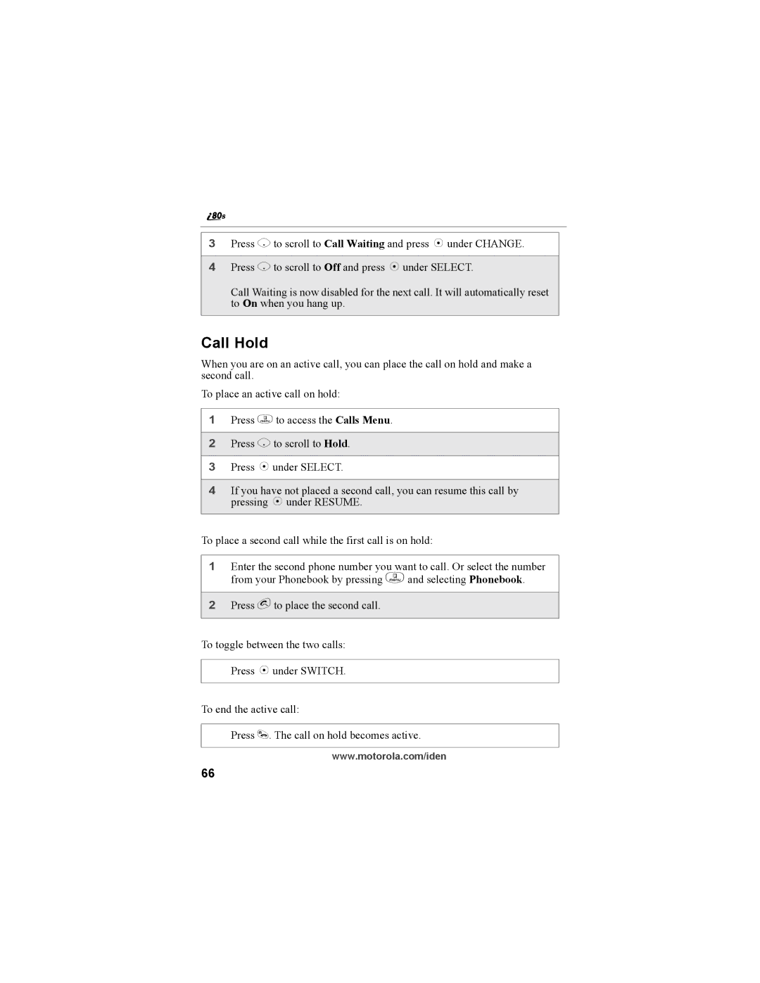 Motorola i335 manual Call Hold 