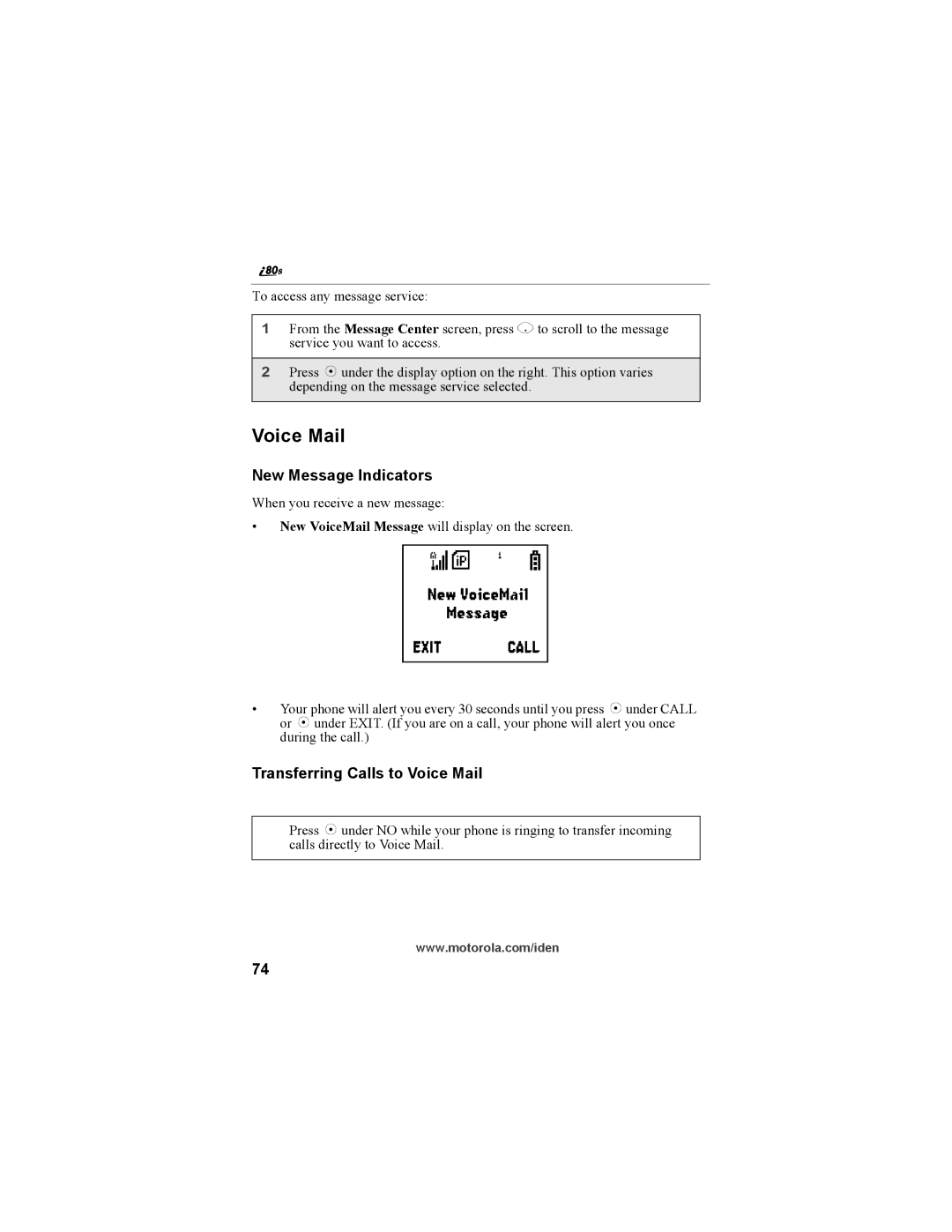 Motorola i335 manual New Message Indicators, Transferring Calls to Voice Mail 