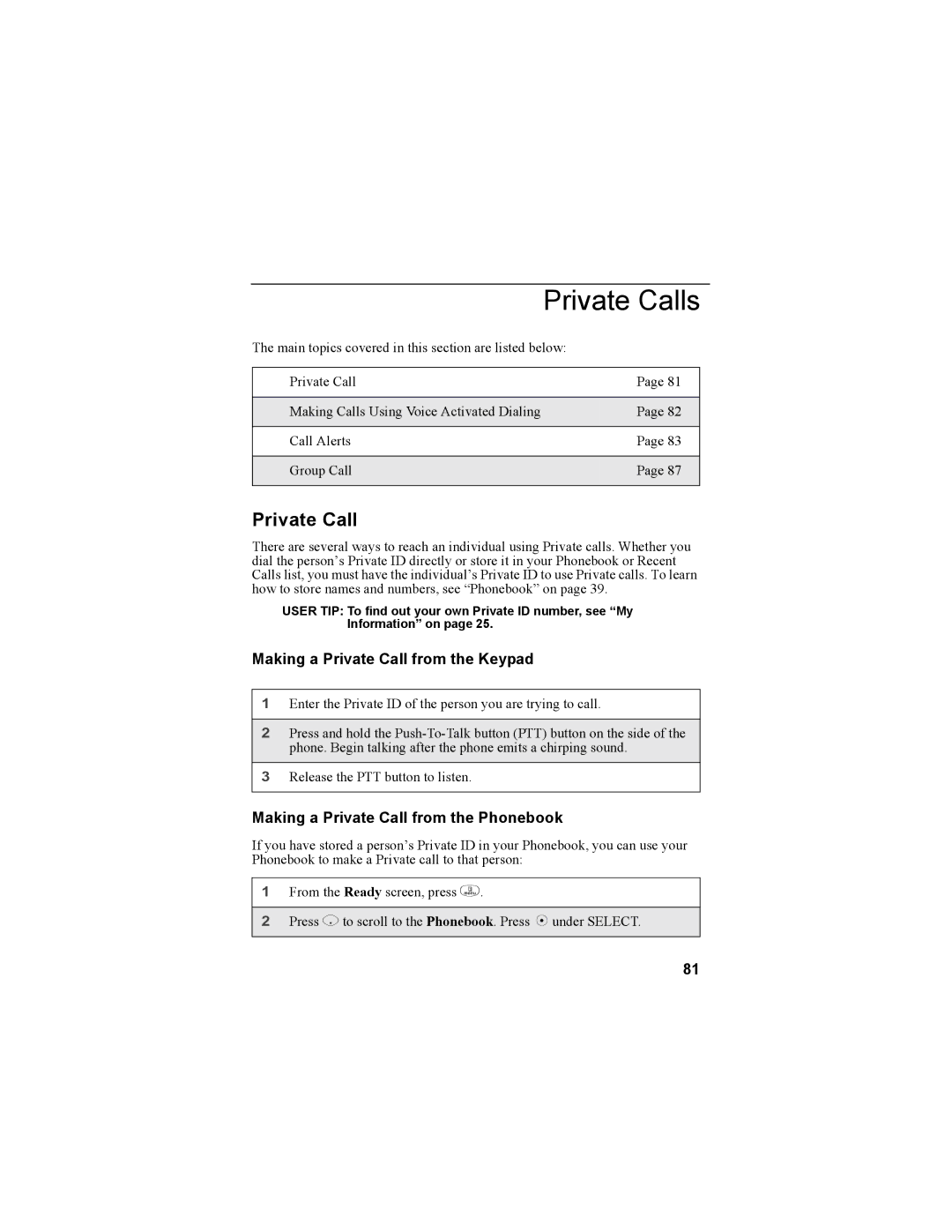 Motorola i335 manual Private Calls, Making a Private Call from the Keypad, Making a Private Call from the Phonebook 