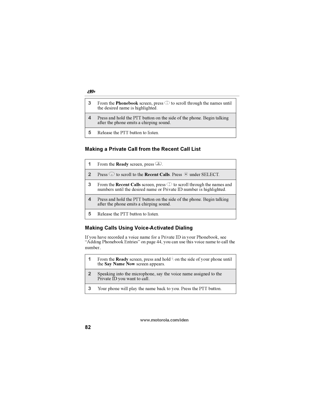 Motorola i335 manual Making a Private Call from the Recent Call List, Making Calls Using Voice-Activated Dialing 