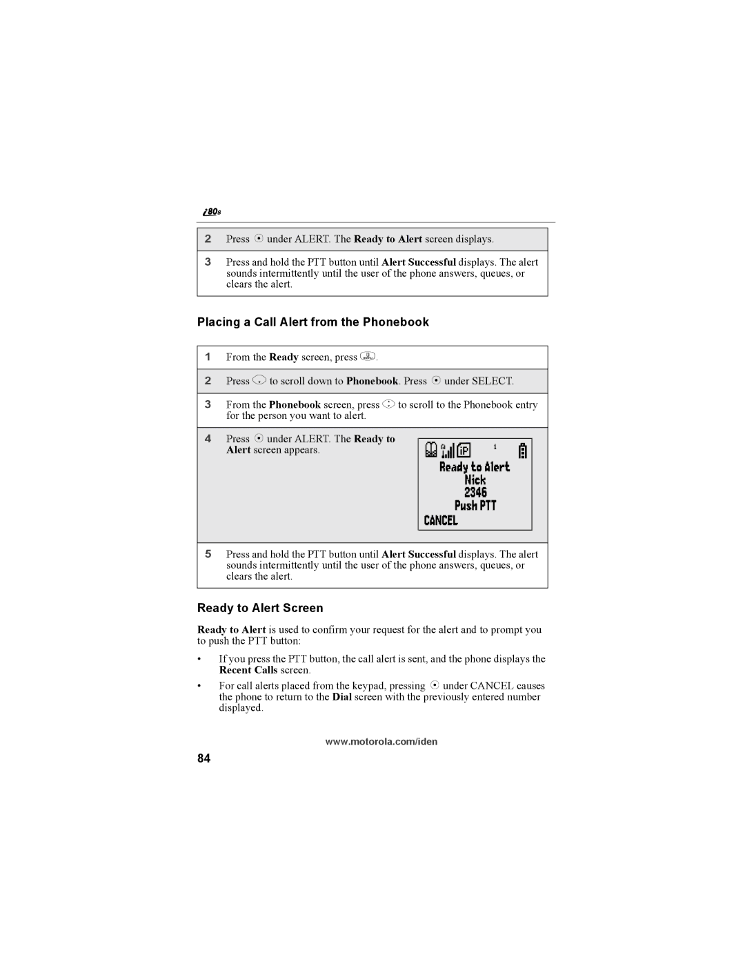 Motorola i335 manual Placing a Call Alert from the Phonebook, Ready to Alert Screen 