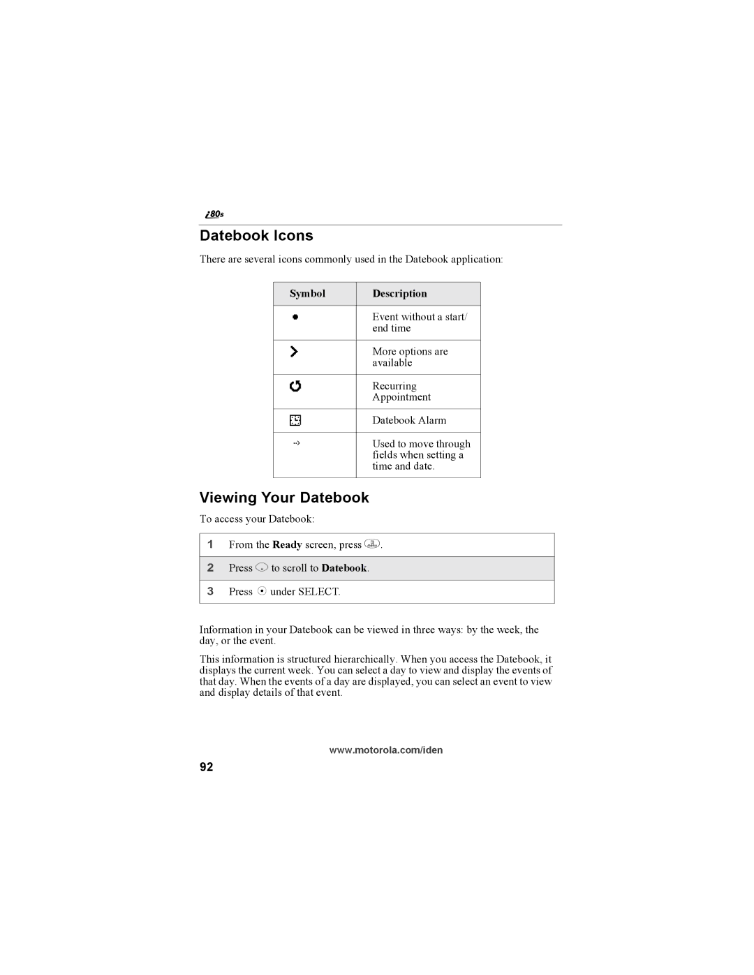 Motorola i335 manual Datebook Icons, Viewing Your Datebook, Symbol Description 