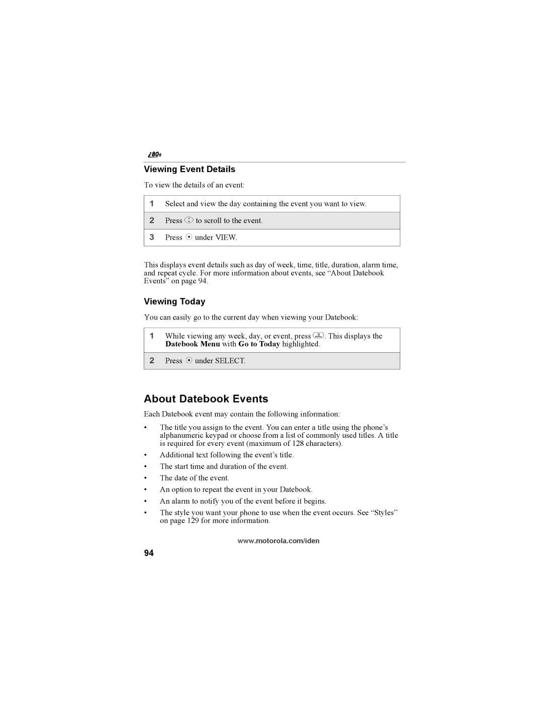 Motorola i335 manual About Datebook Events, Viewing Event Details, Viewing Today 