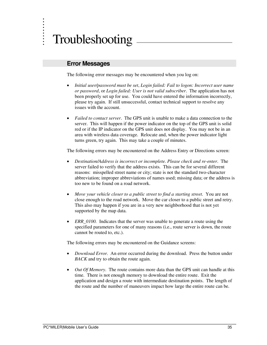 Motorola I355 manual Troubleshooting, Error Messages 