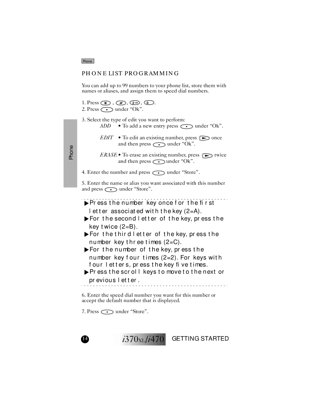 Motorola I470, I370XL manual Phone List Programming 