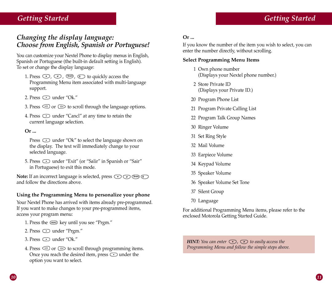 Motorola i390 manual Using the Programming Menu to personalize your phone, Select Programming Menu Items 