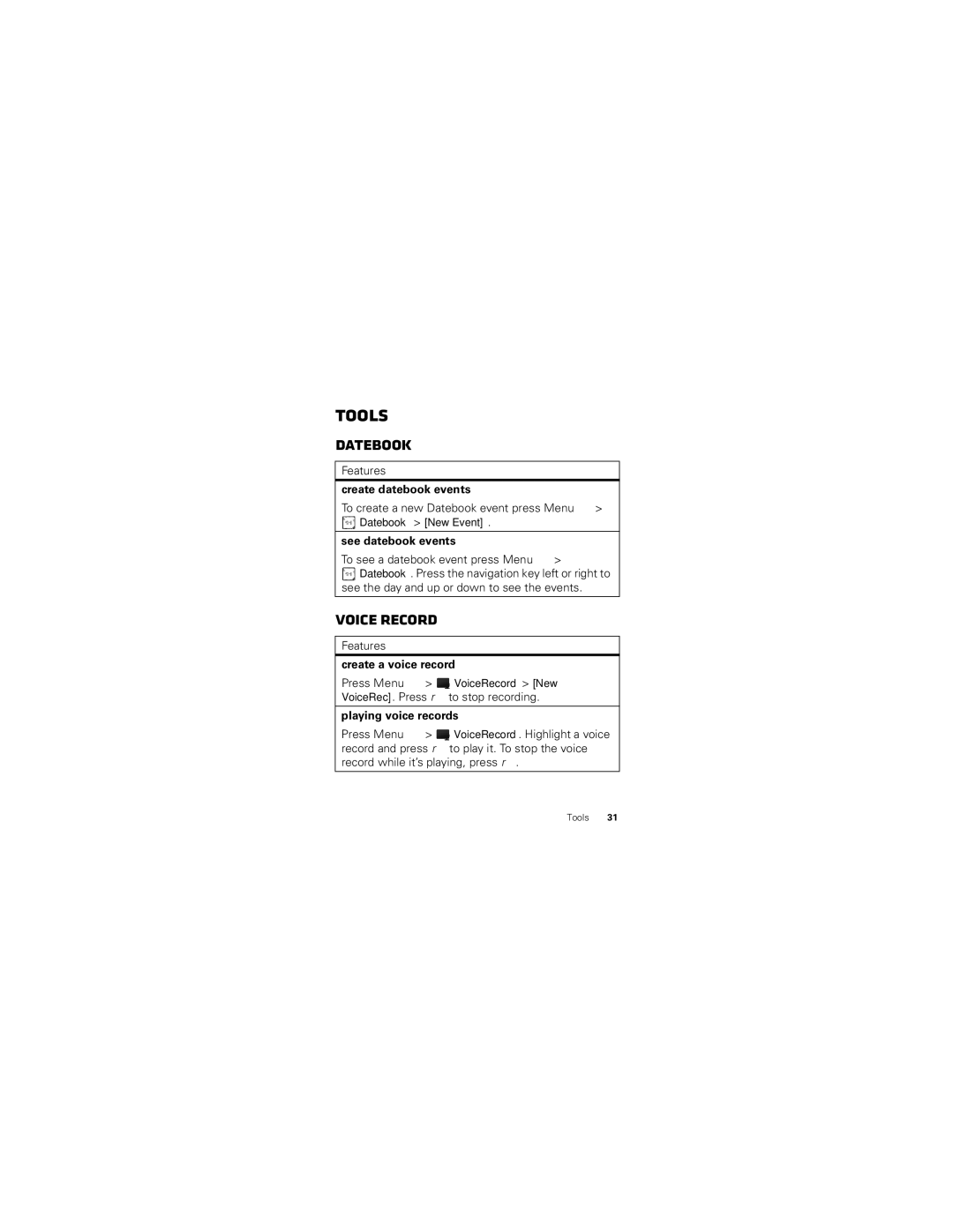 Motorola I412 manual Tools, Voice Record, Datebook New Event 