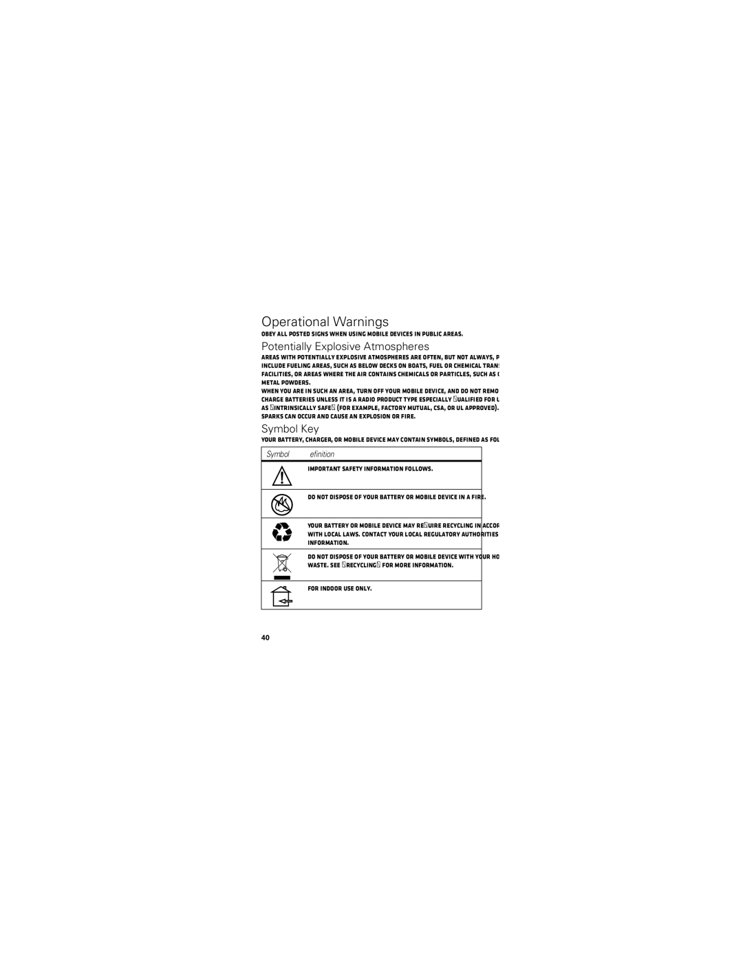 Motorola I412 manual Operational Warnings, Potentially Explosive Atmospheres, Symbol Key, Symbol Definition 