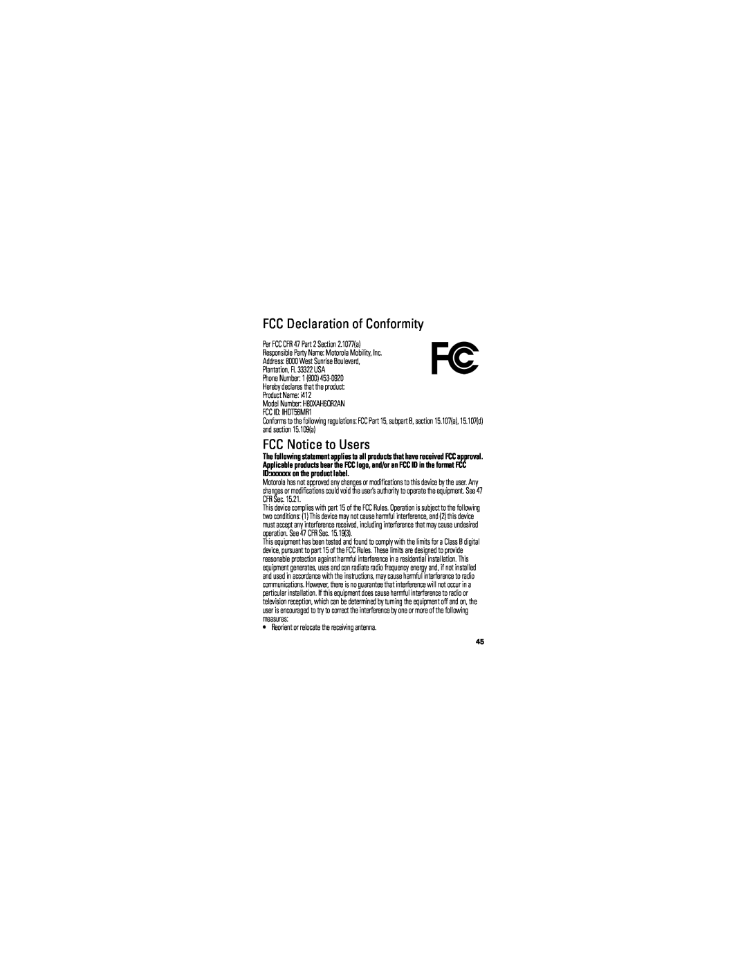 Motorola I412 manual FCC Declaration of Conformity, FCC Notice to Users, Model Number H80XAH6QR2AN FCC ID IHDT56MR1 