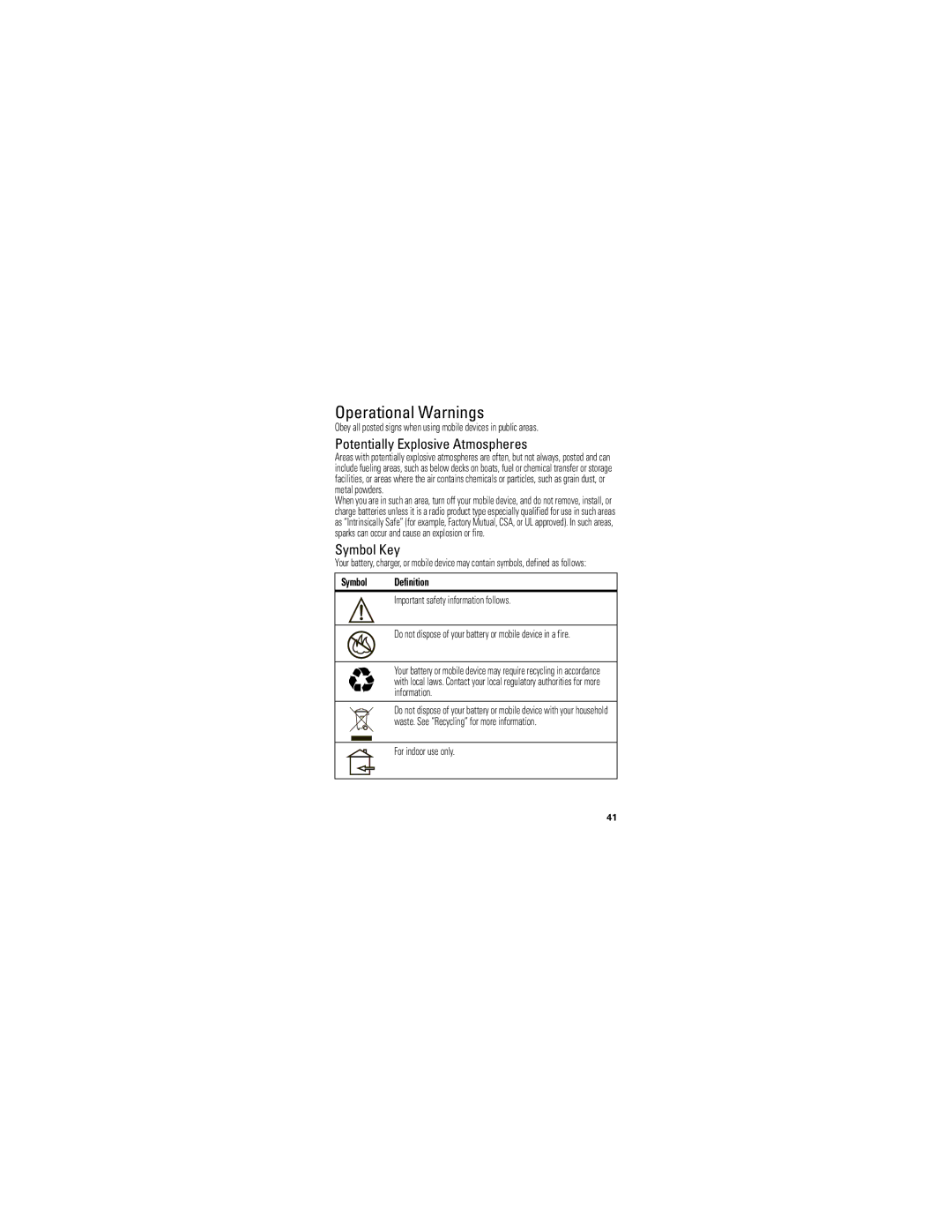 Motorola I420 manual Operational Warnings, Potentially Explosive Atmospheres, Symbol Key, Symbol Definition 