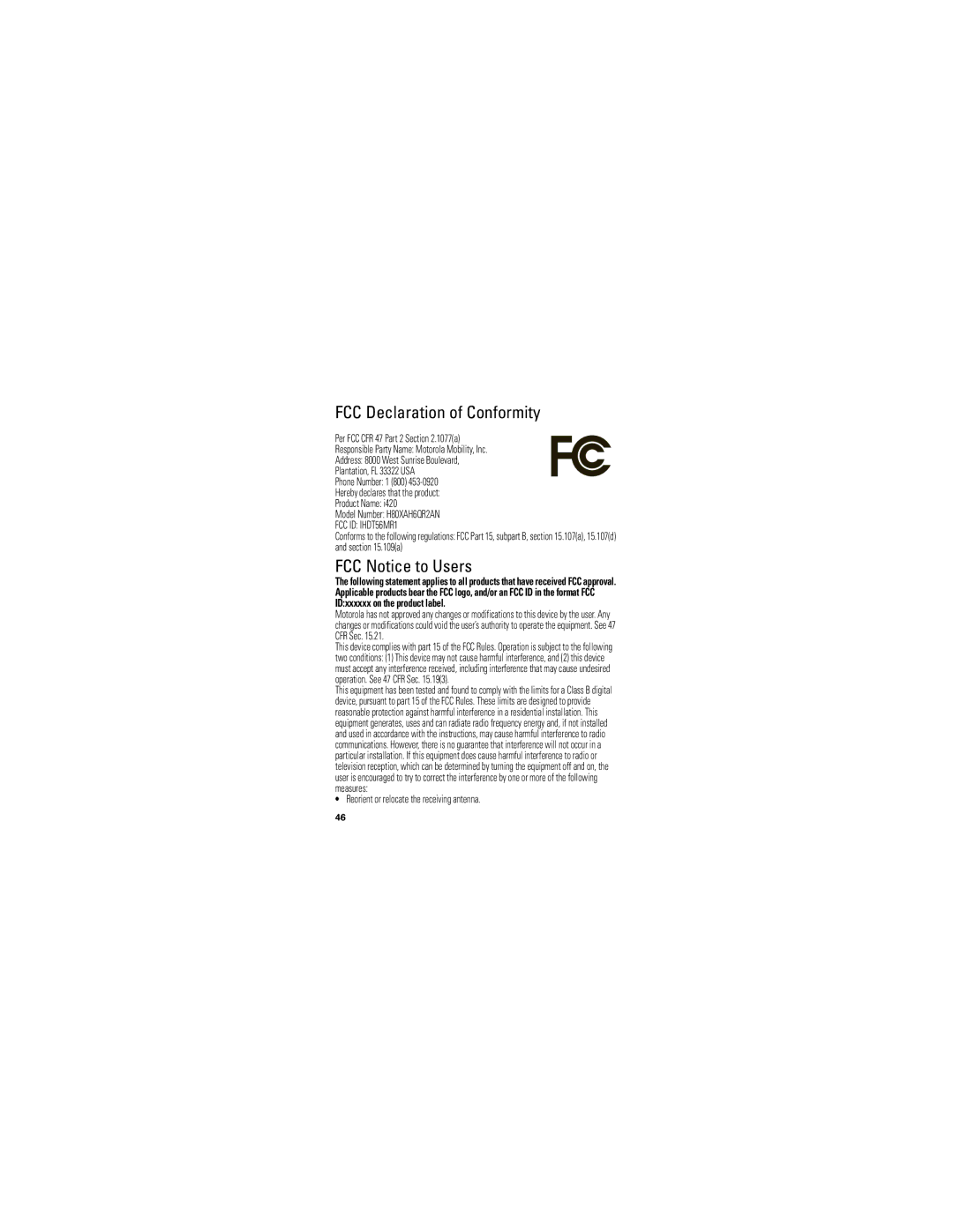 Motorola I420 manual FCC Declaration of Conformity, FCC Notice to Users, Model Number H80XAH6QR2AN 