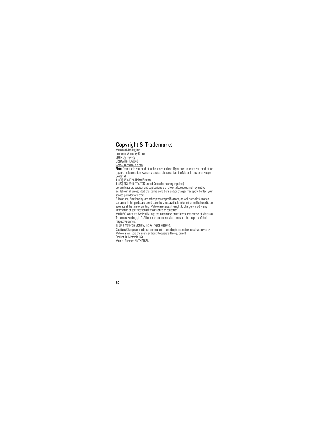 Motorola I420 manual Copyright & Trademarks, 800 453-0920 United States 