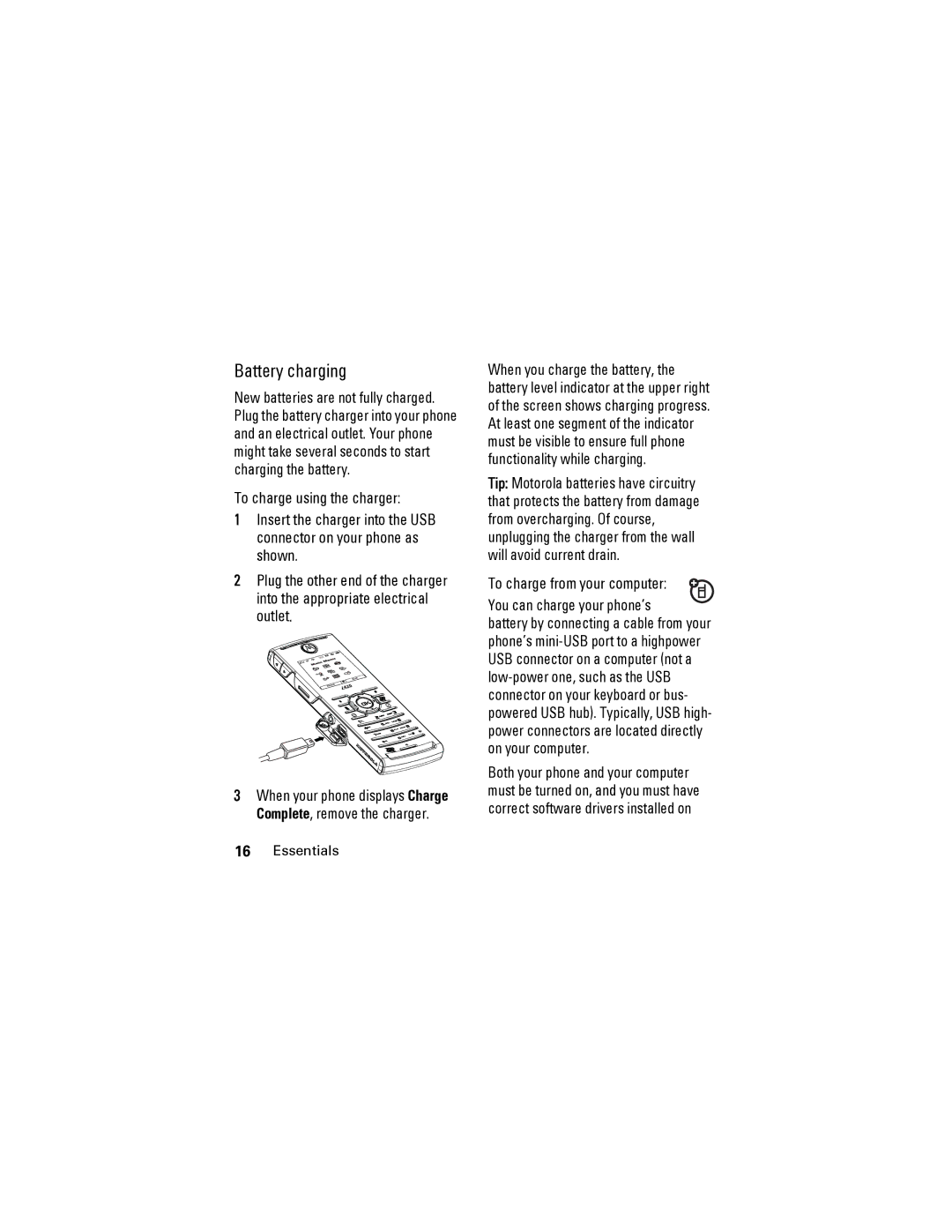 Motorola i425 manual Battery charging, To charge from your computer You can charge your phone’s 