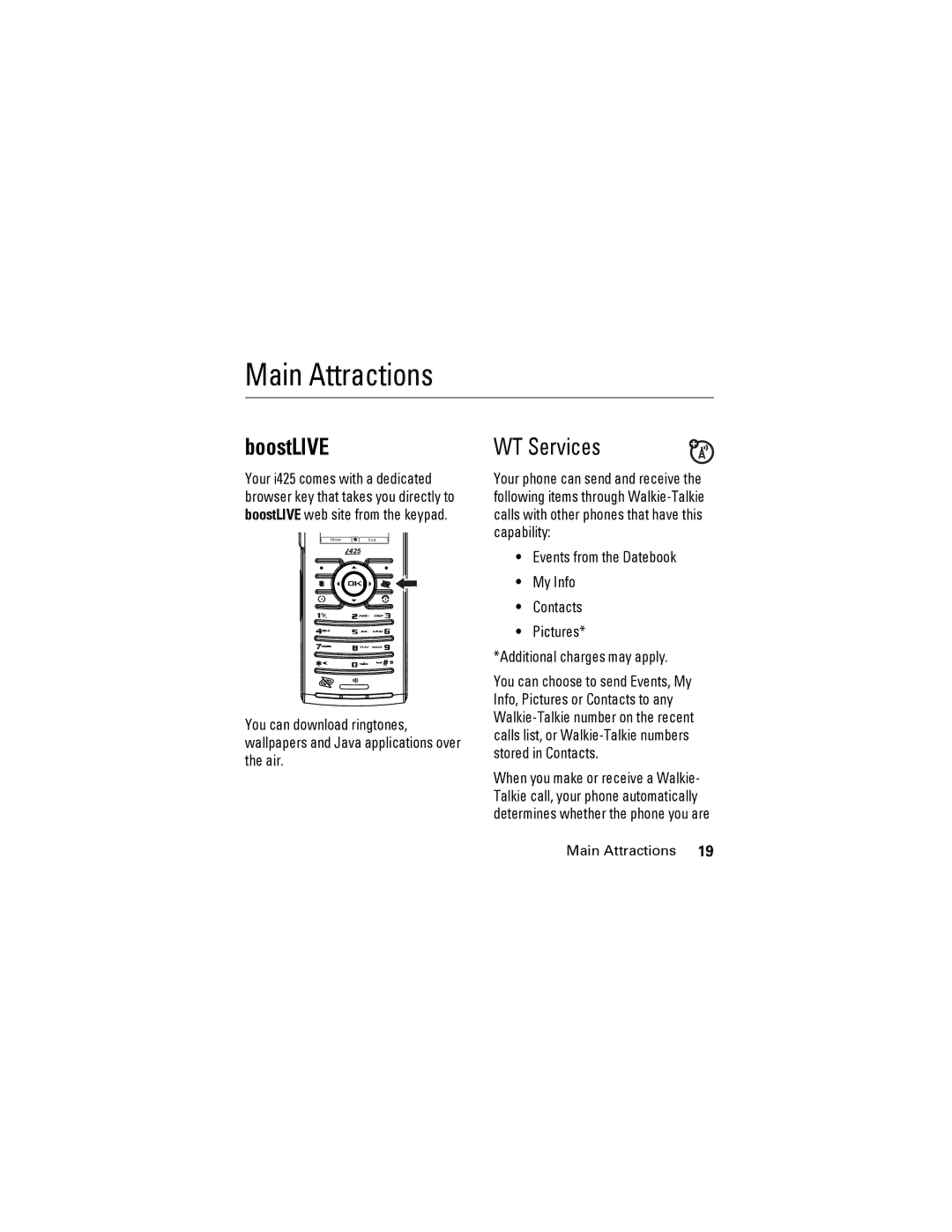 Motorola i425 manual Main Attractions, WT Services 