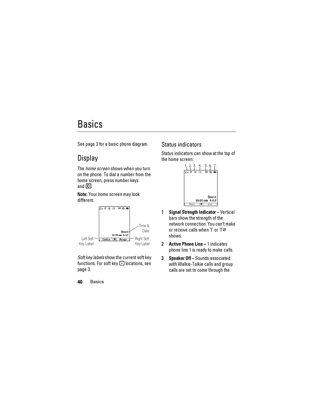 Motorola i425 manual Basics, Display, Status indicators can show at the top of the home screen 