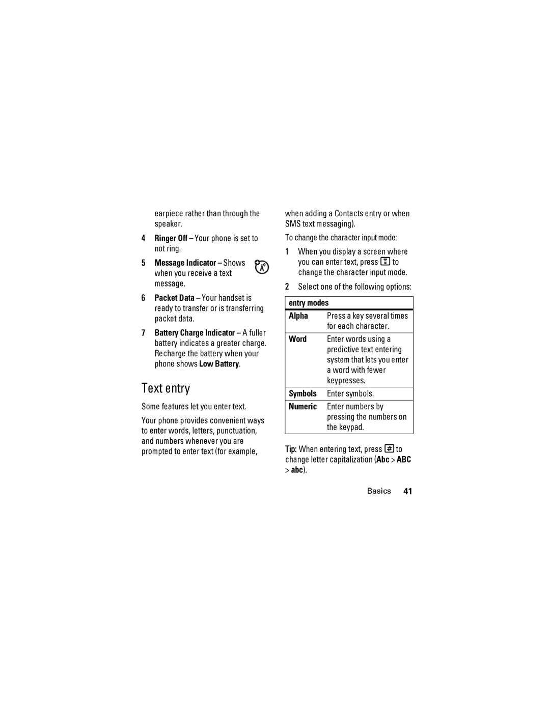 Motorola i425 manual Text entry, Entry modes, Abc 