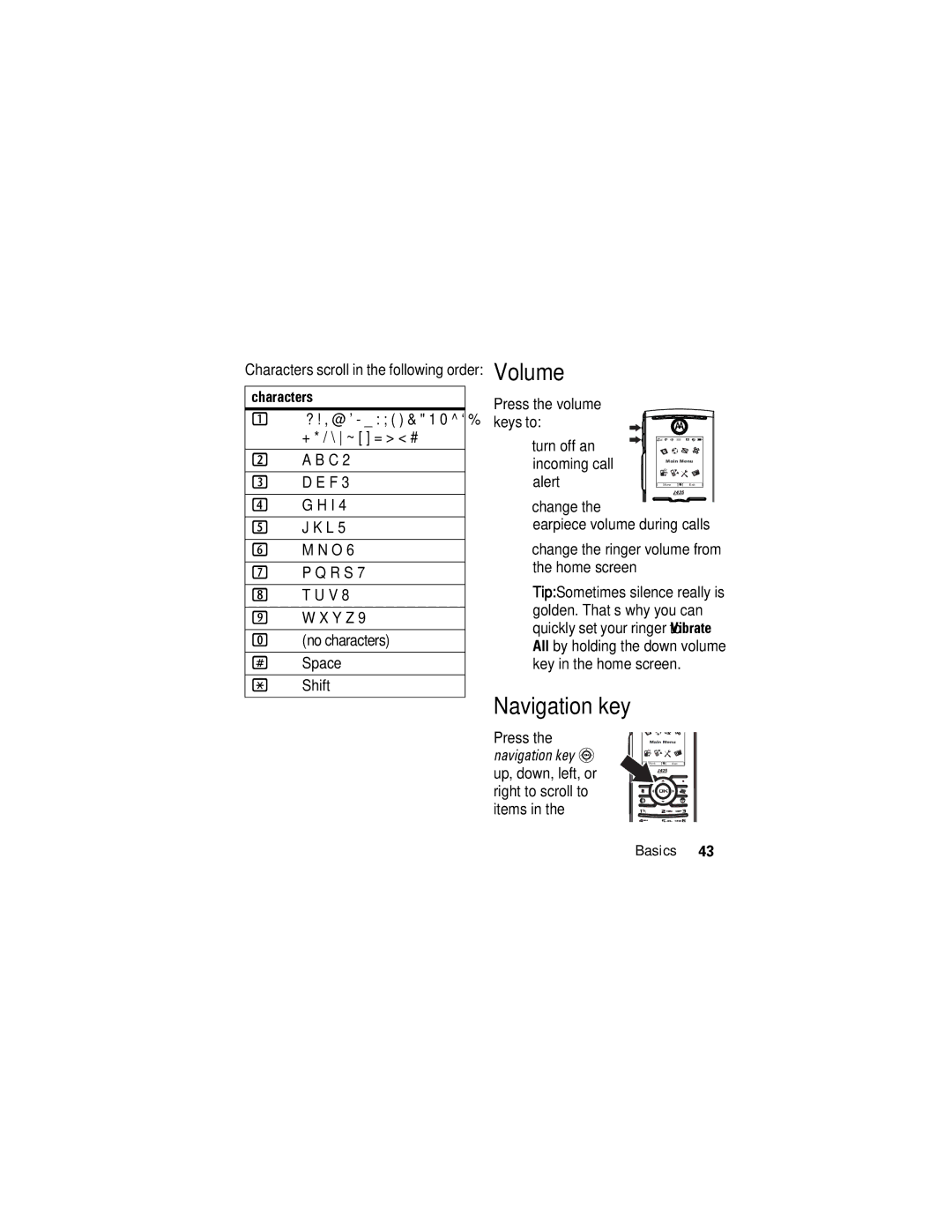 Motorola i425 manual Volume, Navigation key, Characters 