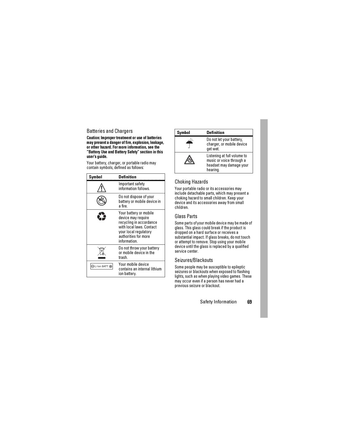 Motorola i425 manual Batteries and Chargers, Choking Hazards, Glass Parts, Seizures/Blackouts 