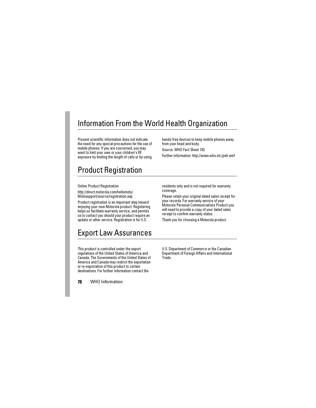 Motorola i425 manual Information From the World Health Organization, Product Registration, Export Law Assurances 