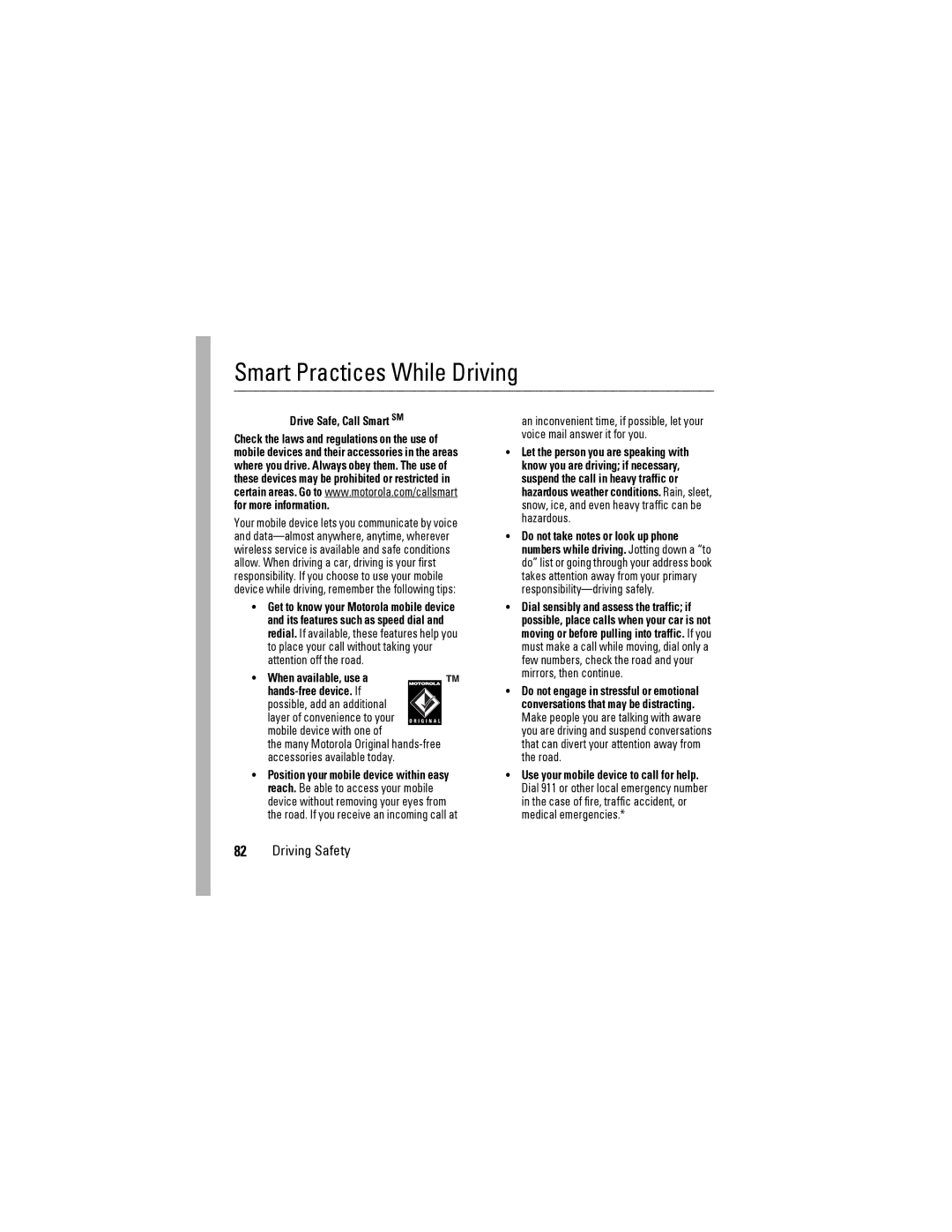 Motorola i425 manual Smart Practices While Driving, Drive Safe, Call Smart SM 