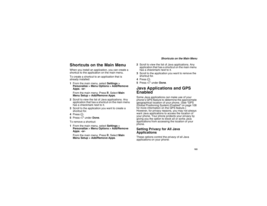 Motorola i450 Shortcuts on the Main Menu, Java Applications and GPS Enabled, Setting Privacy for All Java Applications 