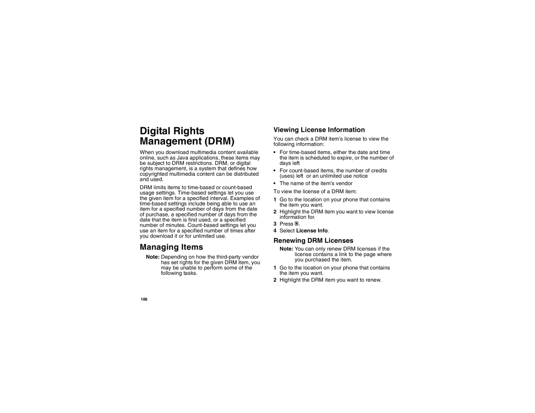 Motorola i450 manual Digital Rights Management DRM, Managing Items, Viewing License Information, Renewing DRM Licenses 