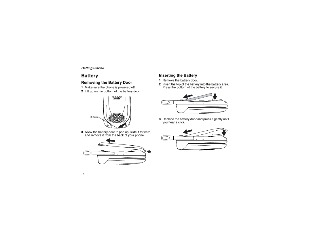 Motorola i450 manual Removing the Battery Door, Inserting the Battery, Getting Started 