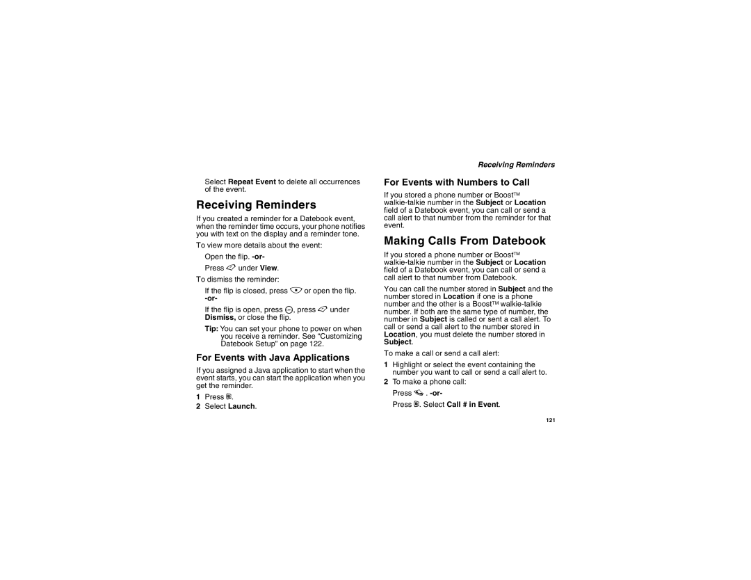 Motorola i450 manual Receiving Reminders, Making Calls From Datebook, For Events with Java Applications 