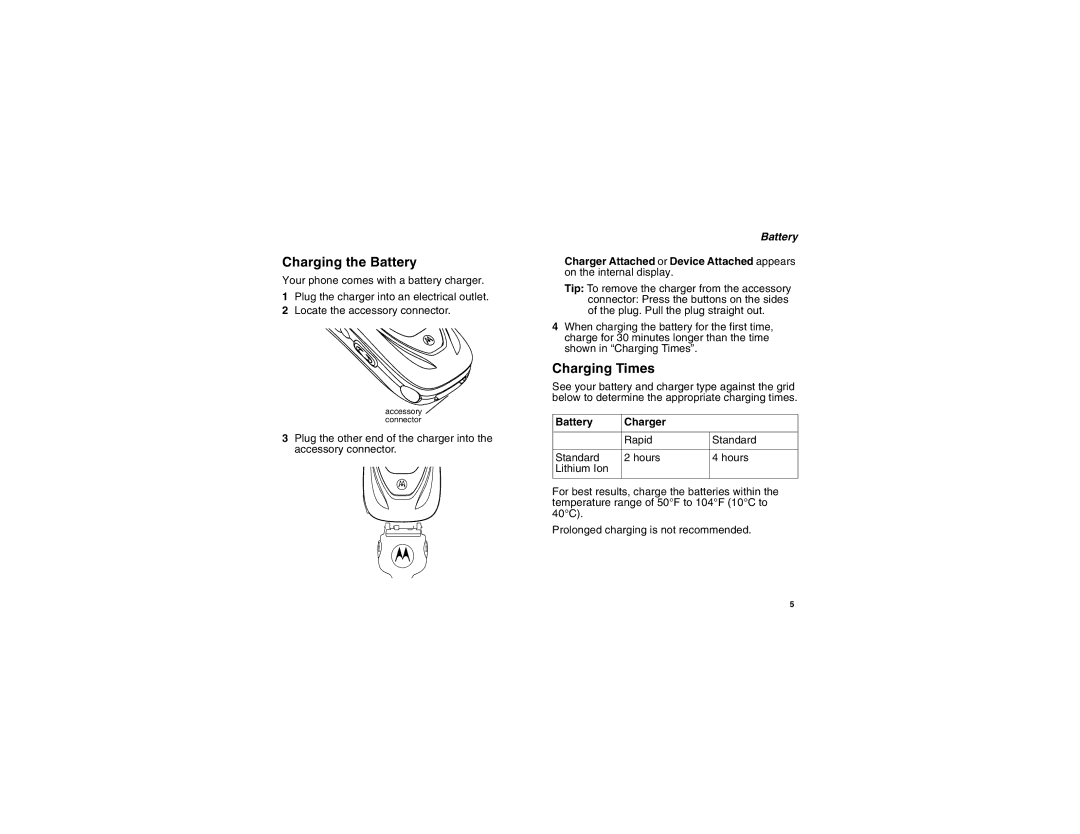 Motorola i450 manual Charging the Battery, Charging Times, Battery Charger 