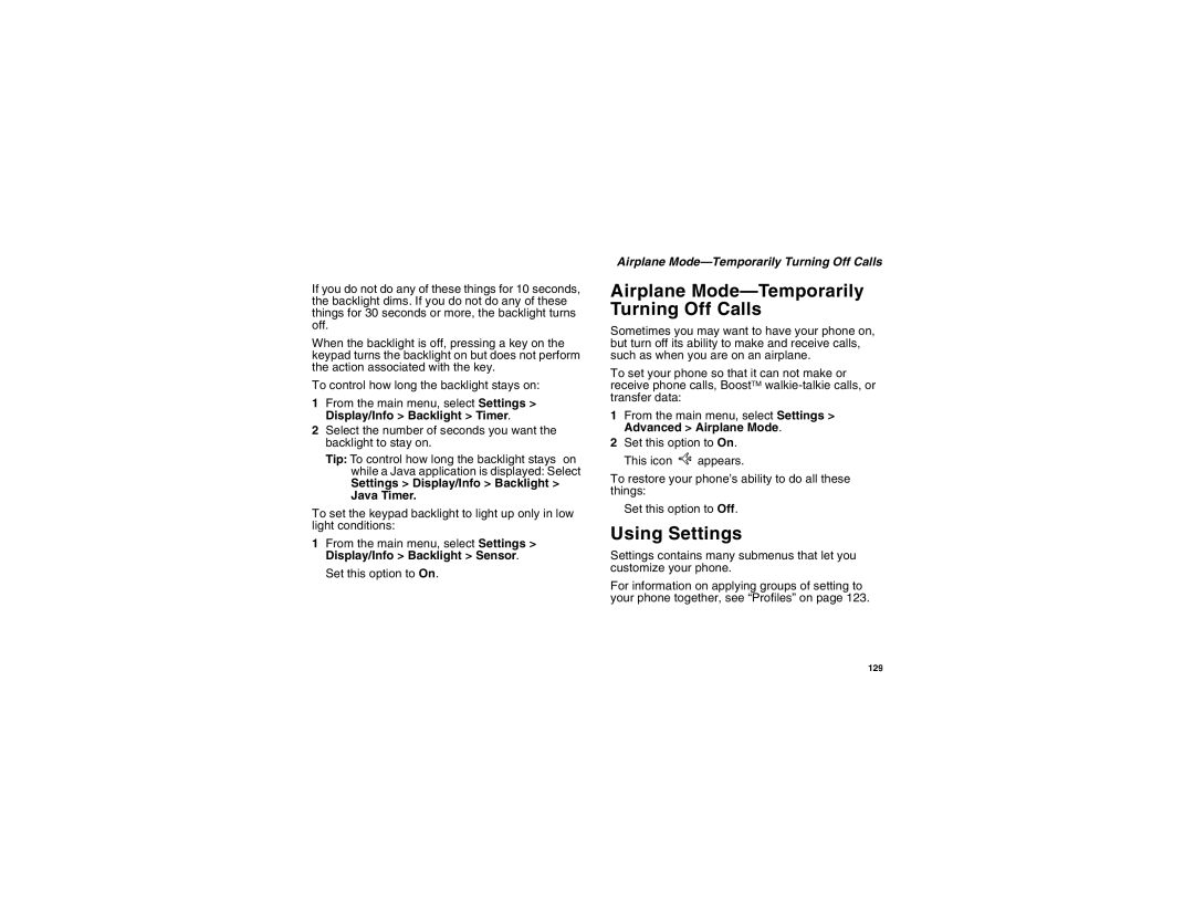 Motorola i450 Airplane Mode-Temporarily Turning Off Calls, Using Settings, Settings Display/Info Backlight Java Timer 