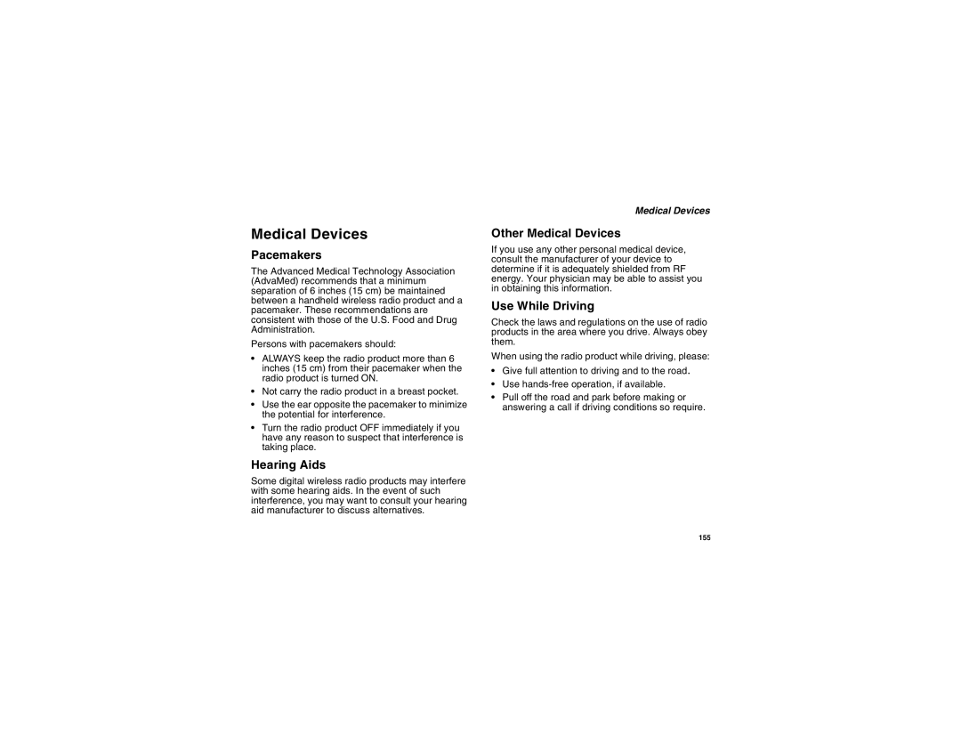 Motorola i450 manual Pacemakers, Hearing Aids, Other Medical Devices, Use While Driving 