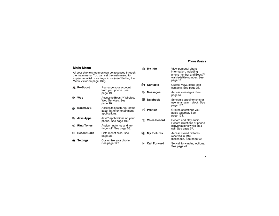 Motorola i450 manual Main Menu 