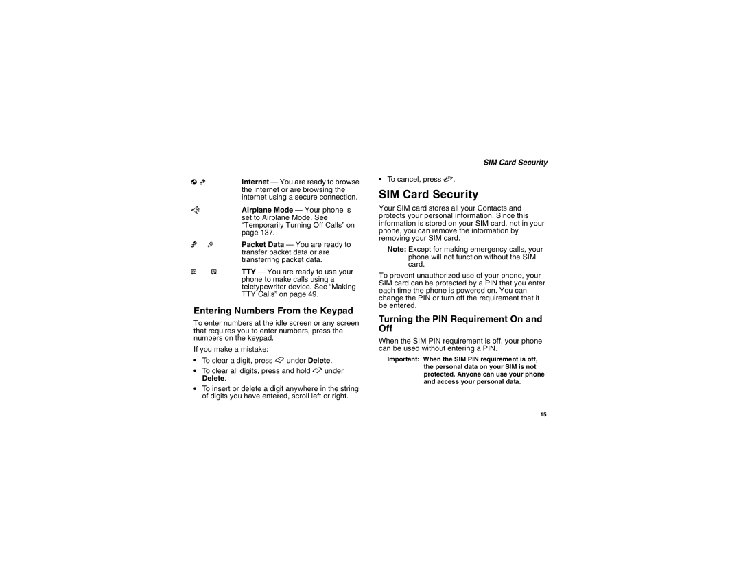 Motorola i450 manual SIM Card Security, Entering Numbers From the Keypad, Turning the PIN Requirement On and Off 