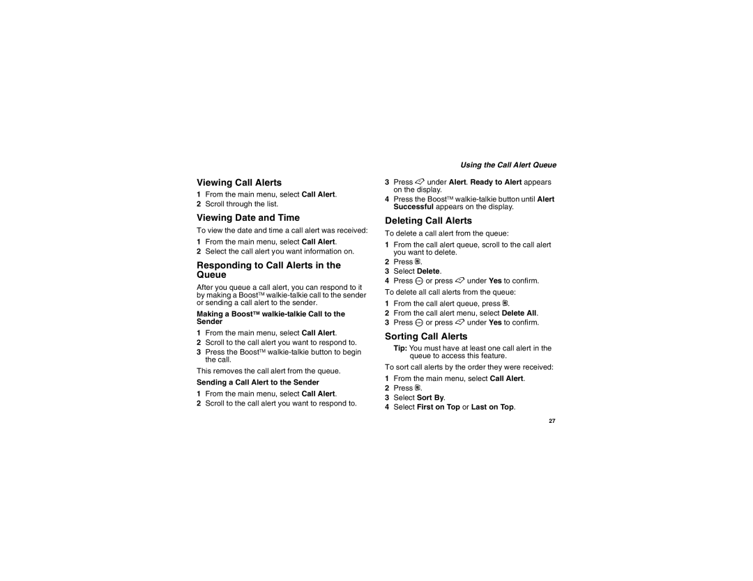 Motorola i450 Viewing Call Alerts, Viewing Date and Time, Responding to Call Alerts in the Queue, Deleting Call Alerts 