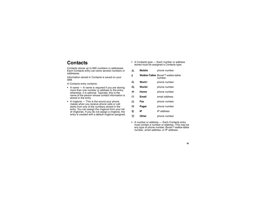 Motorola i450 manual Contacts 