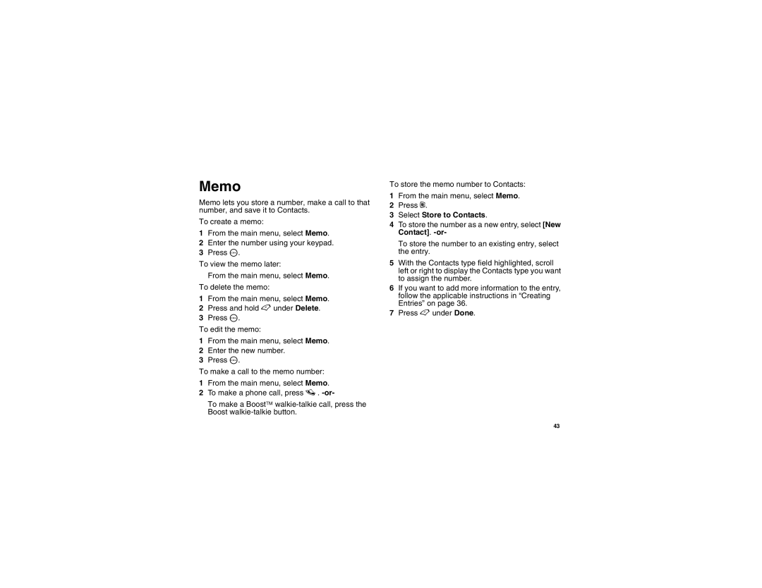 Motorola i450 manual Memo, Select Store to Contacts 