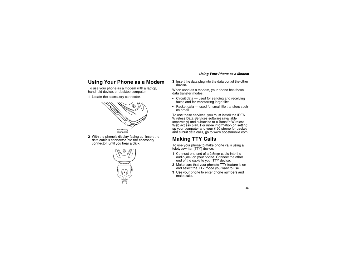 Motorola i450 manual Using Your Phone as a Modem, Making TTY Calls 