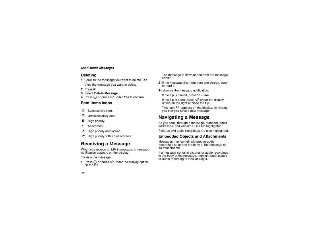 Motorola i450 manual Receiving a Message, Navigating a Message, Sent Items Icons, Embedded Objects and Attachments 