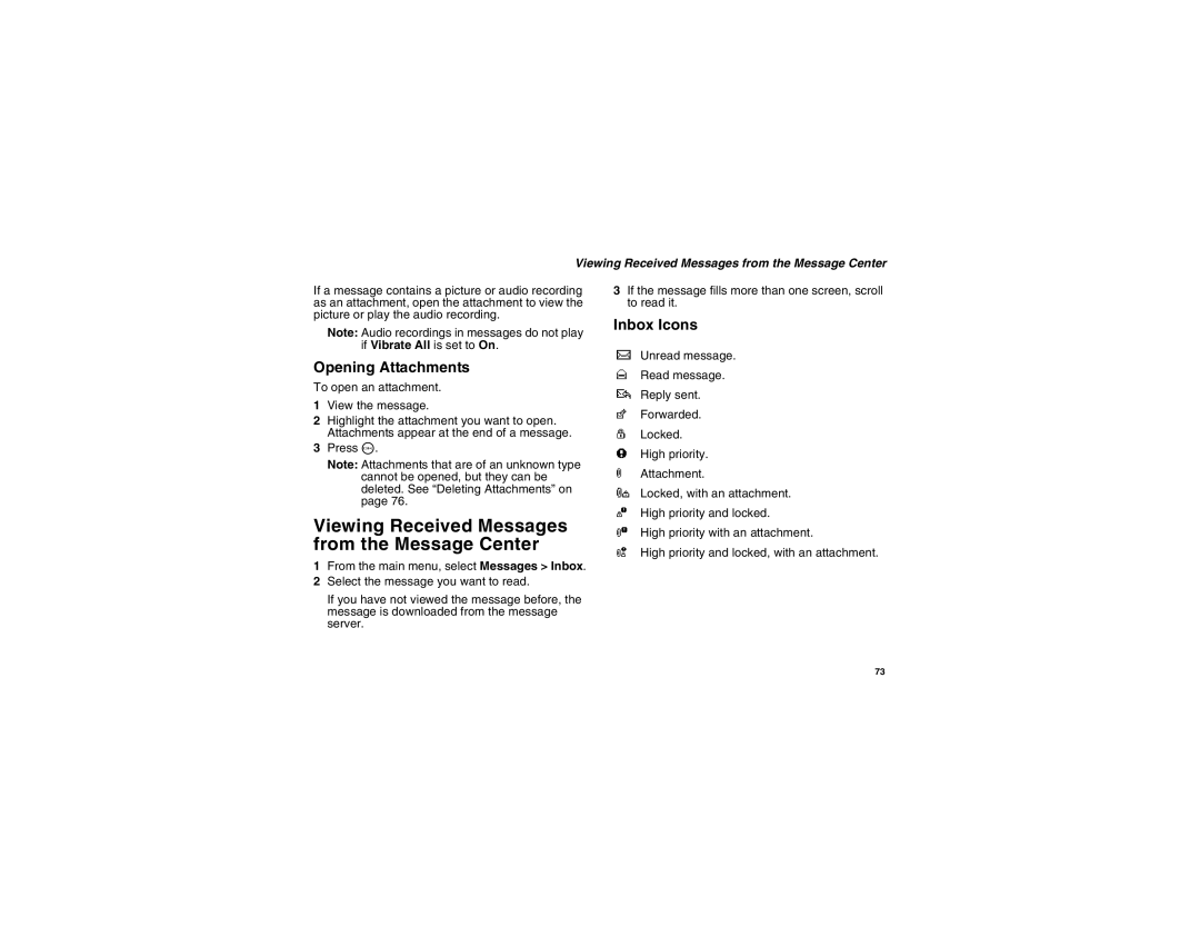 Motorola i450 manual Viewing Received Messages from the Message Center, Opening Attachments, Inbox Icons 