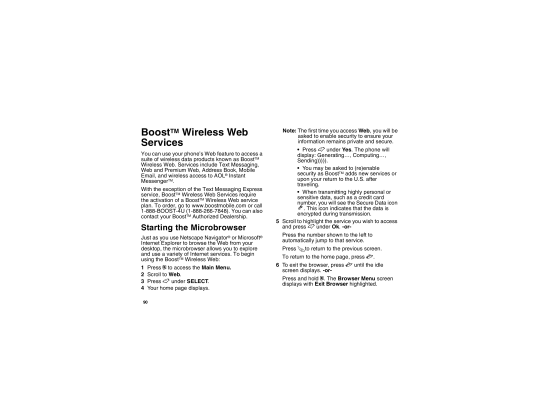 Motorola i450 manual BoostTM Wireless Web Services, Starting the Microbrowser 