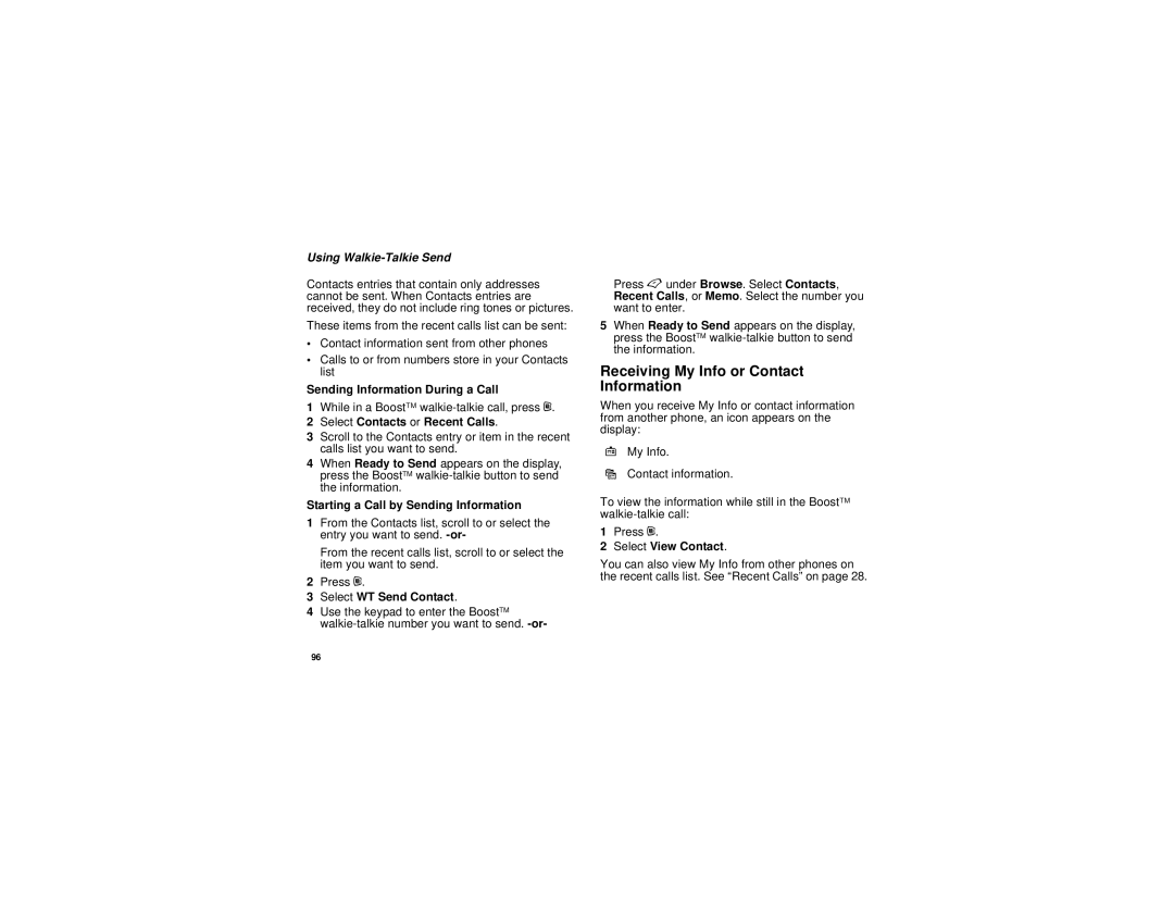 Motorola i455 manual Receiving My Info or Contact Information, Using Walkie-Talkie Send, Select Contacts or Recent Calls 