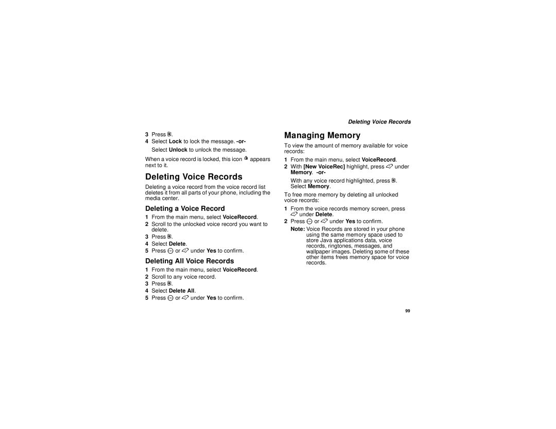 Motorola i455 manual Deleting Voice Records, Deleting a Voice Record, Deleting All Voice Records 