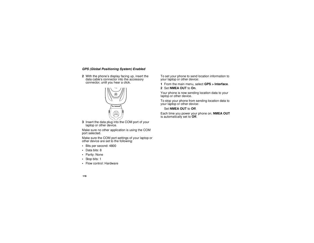 Motorola i455 manual Set Nmea OUT to On, Set Nmea OUT to Off 