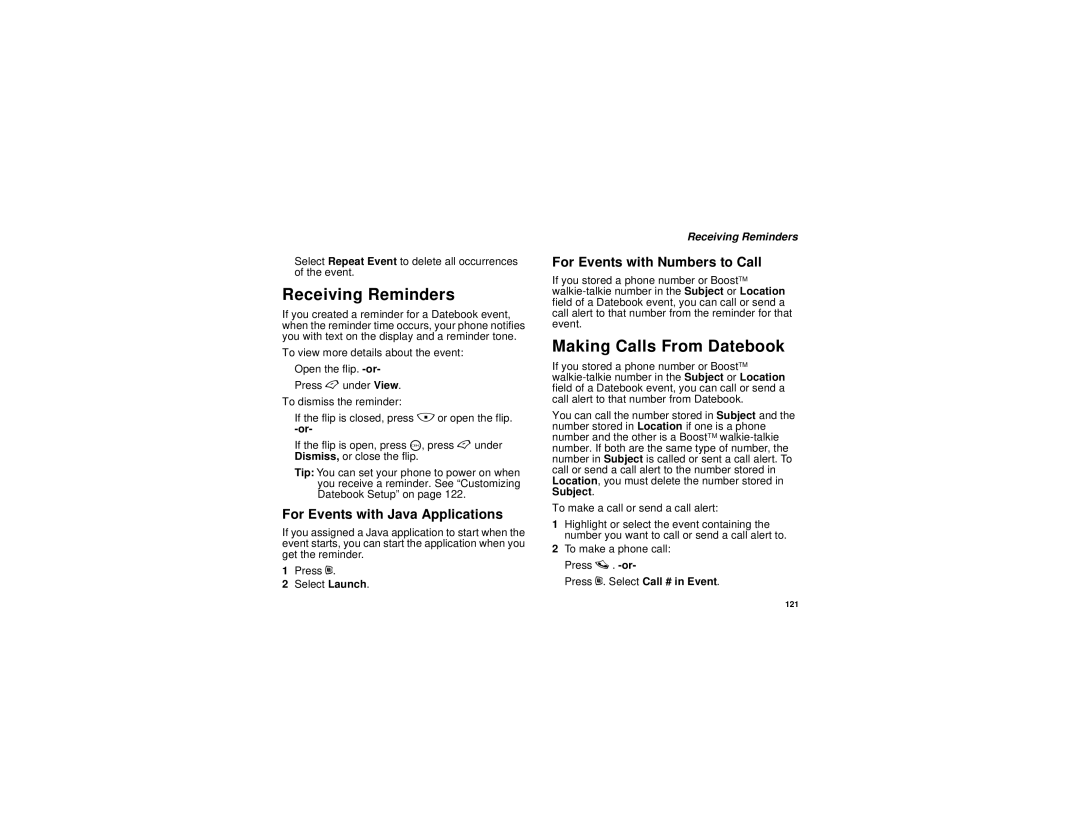 Motorola i455 manual Receiving Reminders, Making Calls From Datebook, For Events with Java Applications 