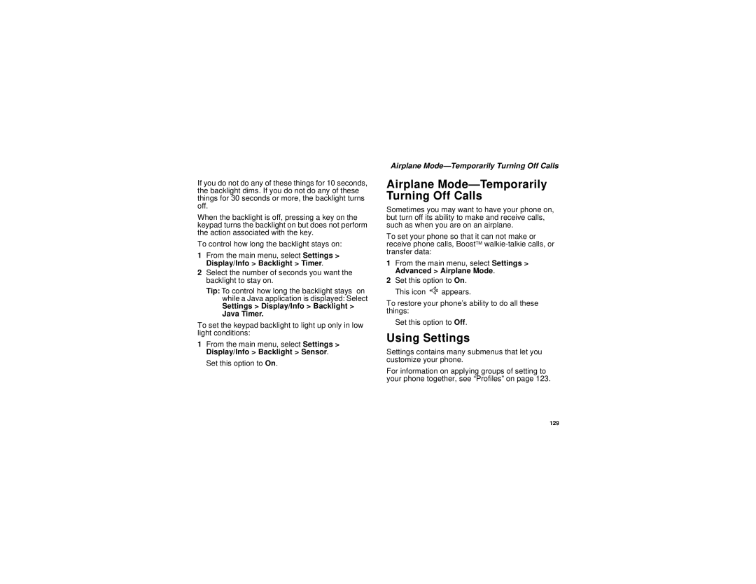 Motorola i455 Airplane Mode-Temporarily Turning Off Calls, Using Settings, Settings Display/Info Backlight Java Timer 